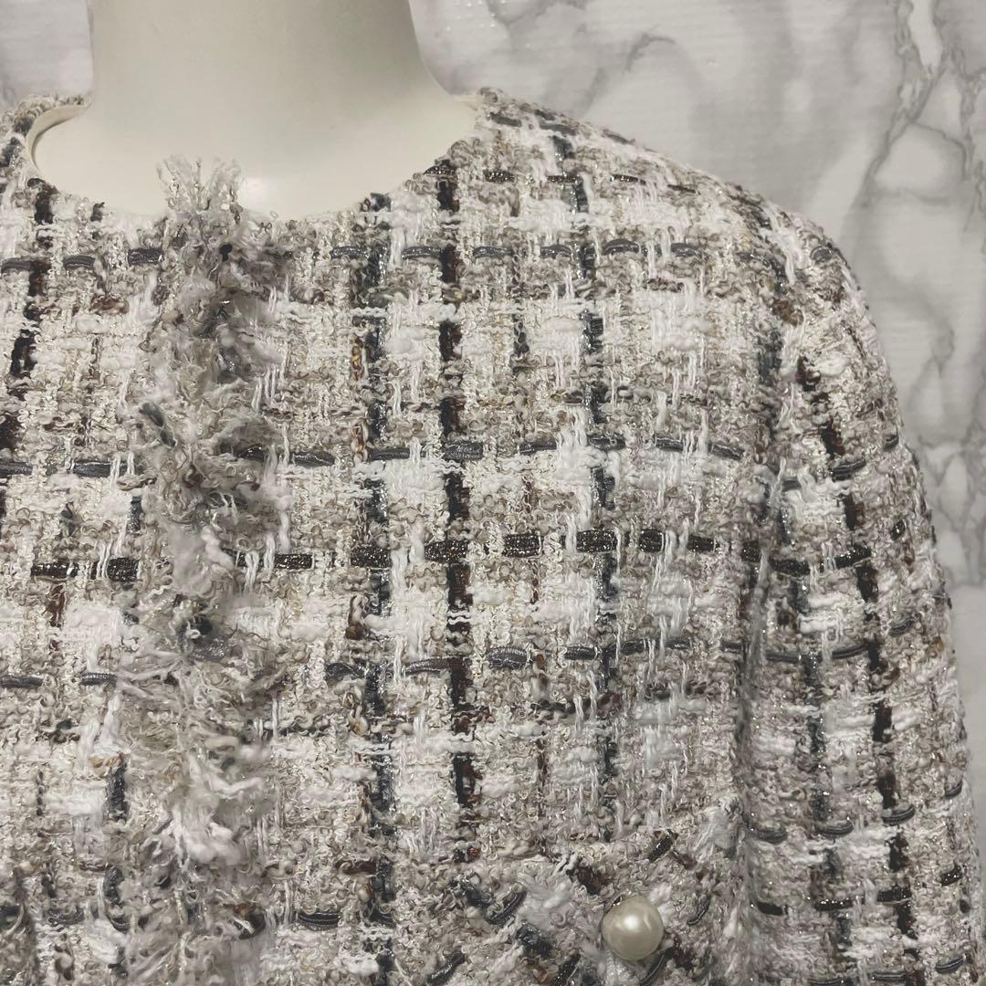 美品スペシャルアイテム　ANAYI ラメスラブツイード　ロングジャケット　パール