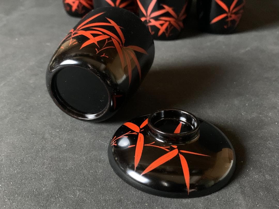 輪島塗 塩安製 朱竹文 天然木 黒塗 箸洗 小吸物椀 10客 共箱 茶懐石道具