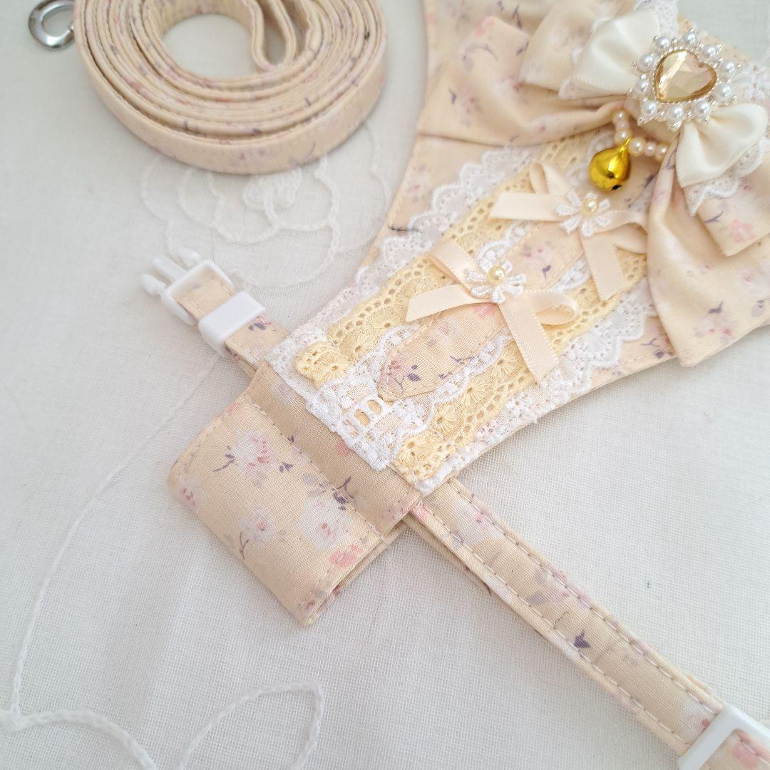 胸当てタイプハーネス(クリームローズ)&リードセット、わんちゃん猫ちゃん用