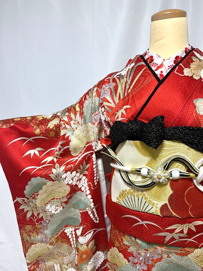 【美おり】FR52157 振袖 正絹 振袖フルセット 7点セット 成人式 赤✖️黒