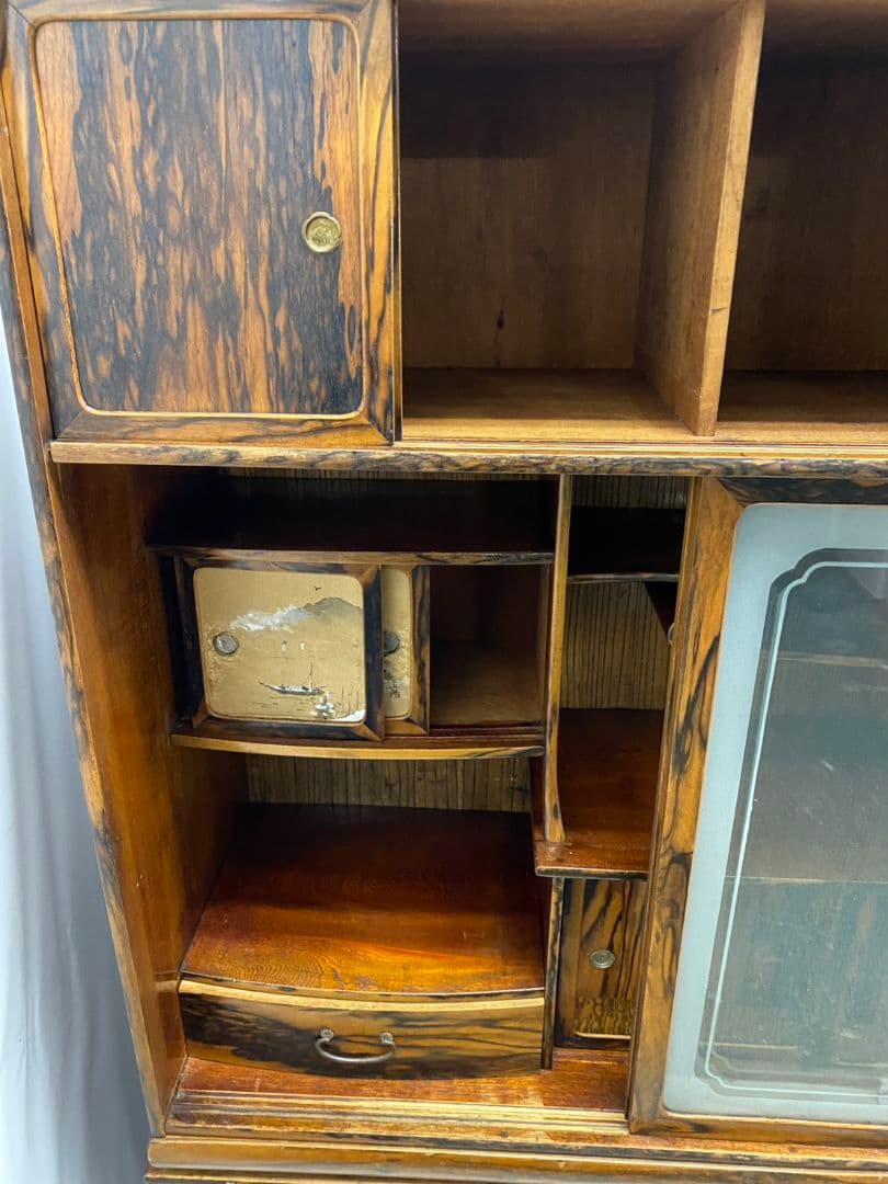 茶箪笥 黒柿張り 手描き襖 水屋箪笥 飾り棚 茶棚 古家具 杢目 木製 ガラス