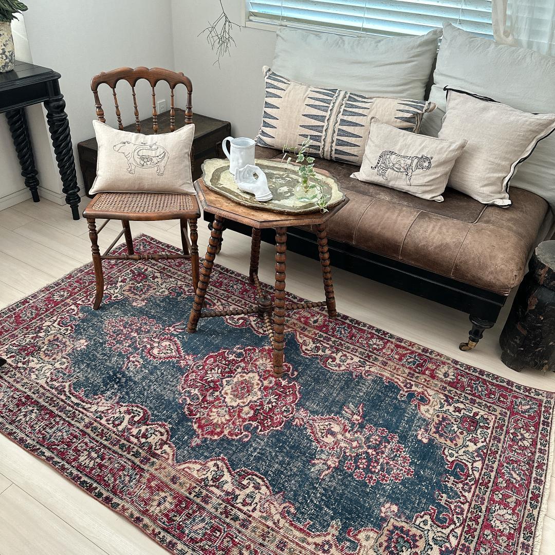 【訳アリ】トルコ ヴィンテージラグ A102 レア インディゴブルー レッド