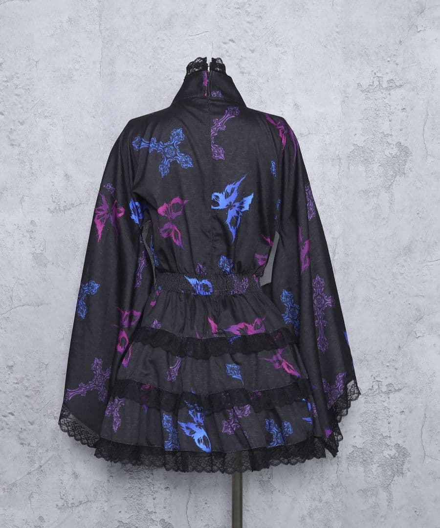 amilige クロス蝶々総柄 浴衣ワンピース＋帯セット ブラック×ブルー