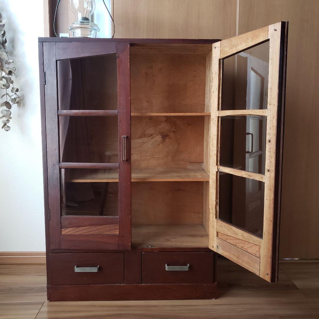 古い木製　ゆらゆらガラス　本棚　食器棚　収納棚　水屋箪笥　古家具