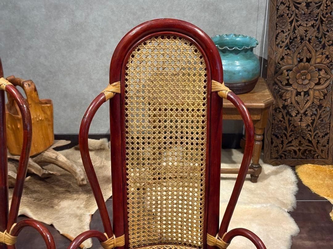 ヴィンテージ　ラタン　籐　ハイバックチェア　カゴメ編み　クラシック　2脚　RZ