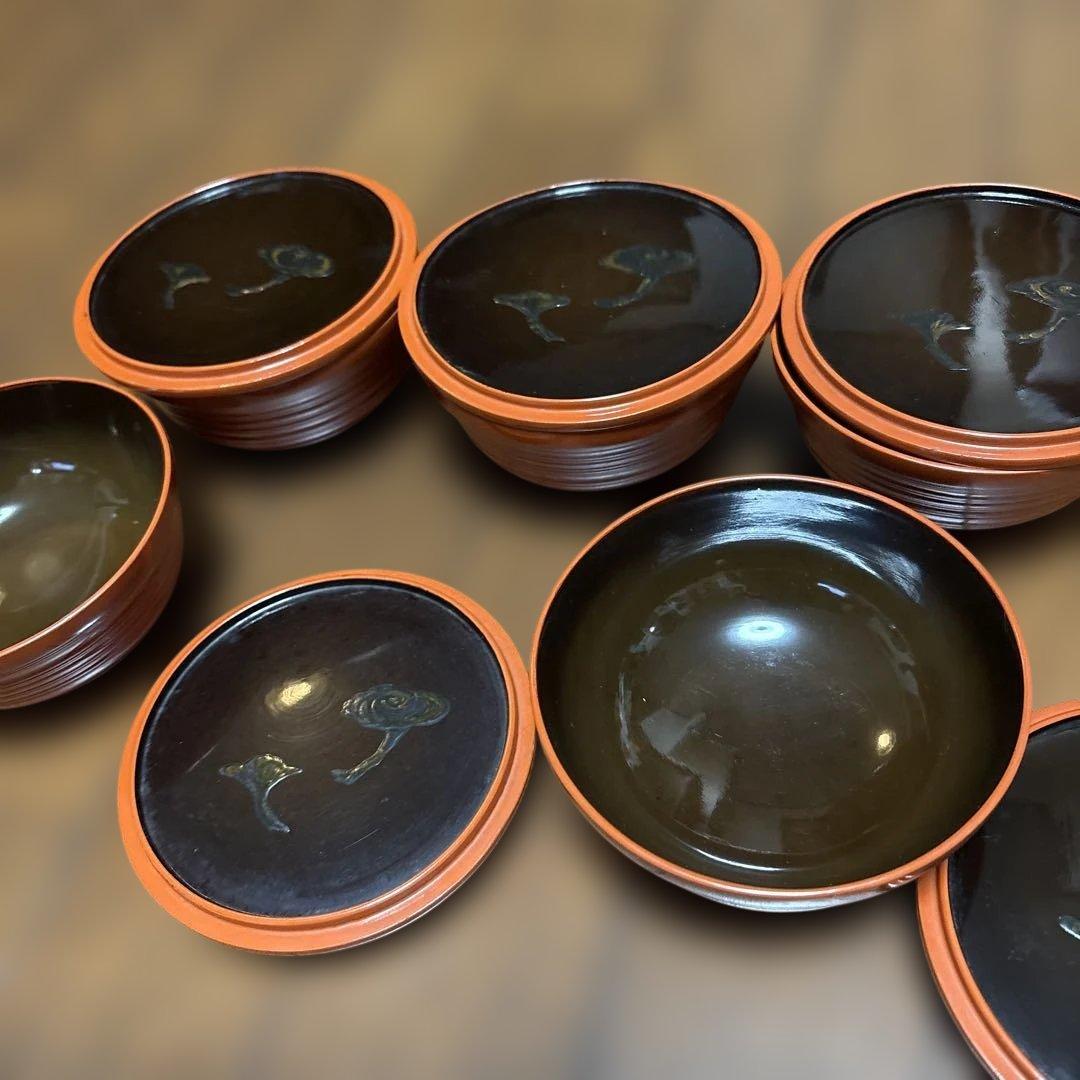 期間限定最終処分特価　逸品明治輪島の作品　蓋裏霊芝模様汁物椀煮物椀五客セット上品