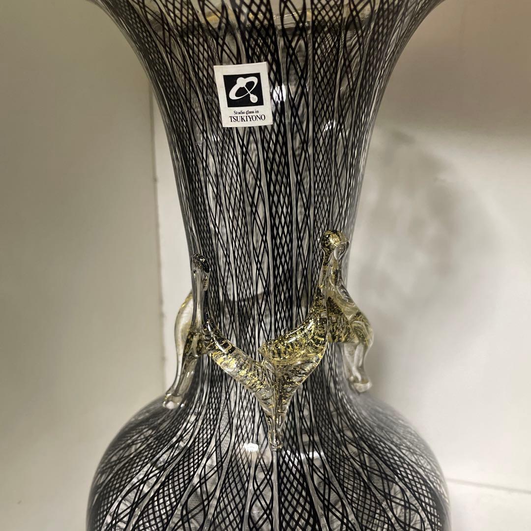 美品　希少　月夜野工房　花瓶　金彩ブラックレース花瓶　レースガラス