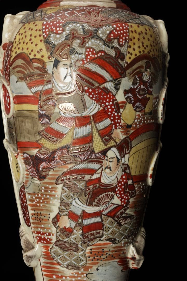 薩摩焼 色絵金彩 武者人物図大花瓶 54㎝ 耳付 飾壺 古美術 骨董品 時代物