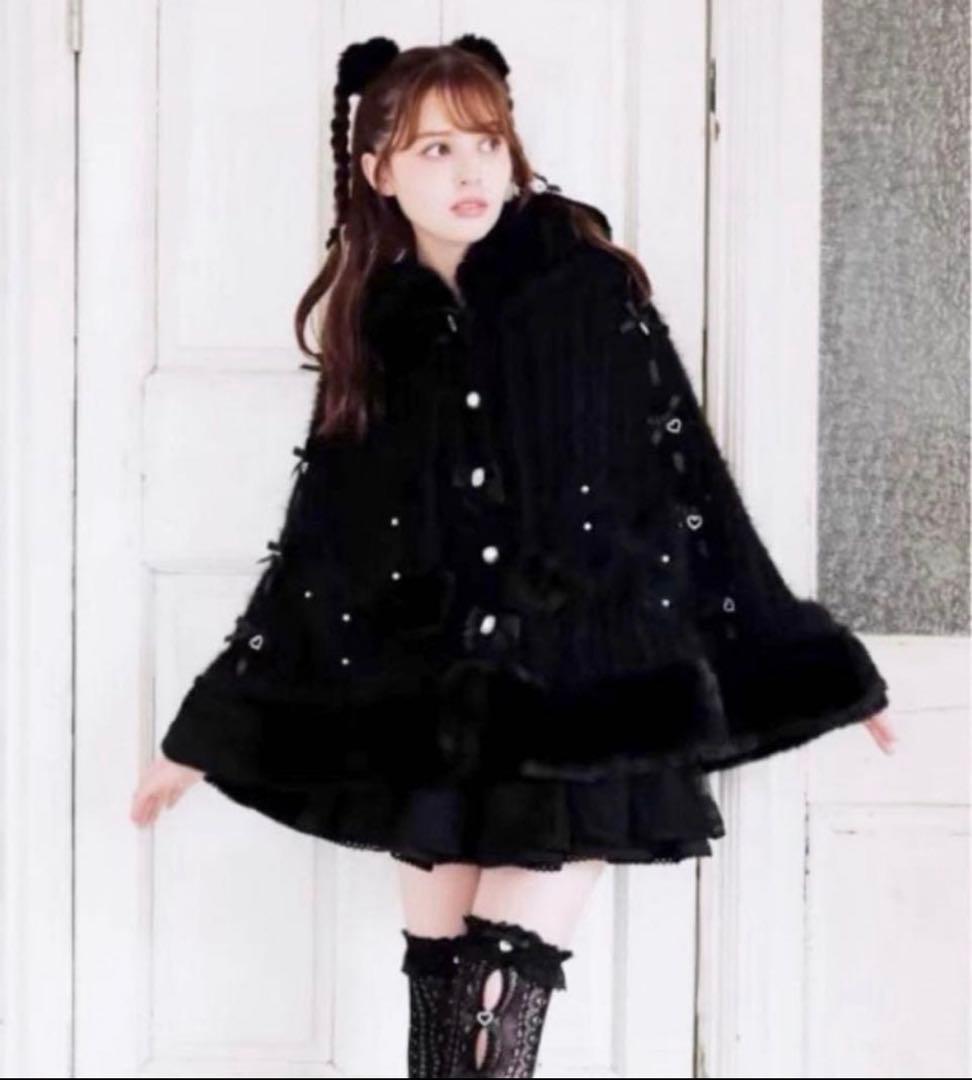 リズリサ リズリサポンポンリボンニットファーポンチョブラックポンチョ 黒