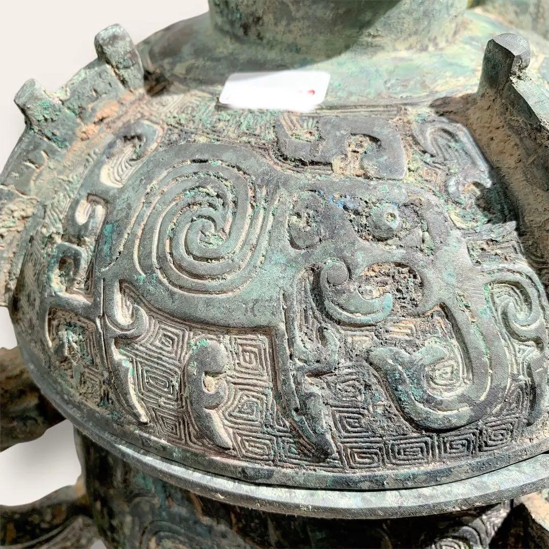 青銅器　蓋付　象足鳳耳盆　商周・館蔵珍品　中国　骨董品　古美術　アンティーク