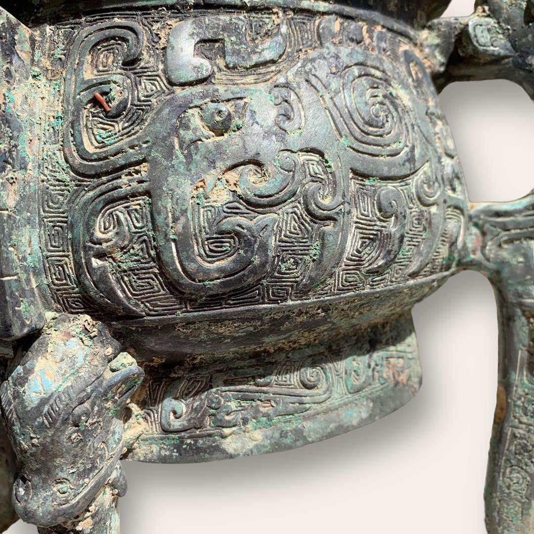 青銅器　蓋付　象足鳳耳盆　商周・館蔵珍品　中国　骨董品　古美術　アンティーク