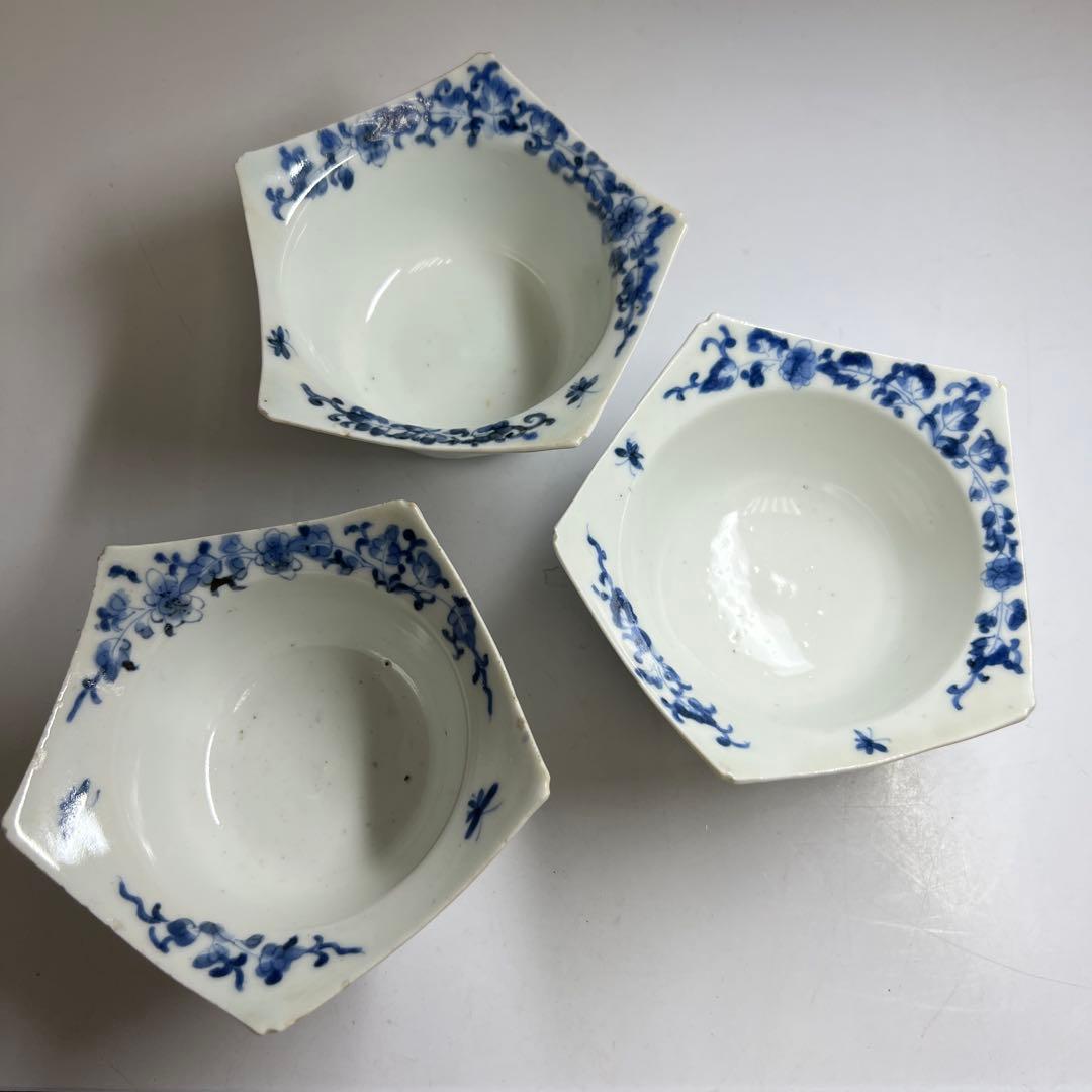 江戸中期　藍柿右衛門花唐草向付六客　木箱付　幅約10.5㎝東Y8-0123☆2F