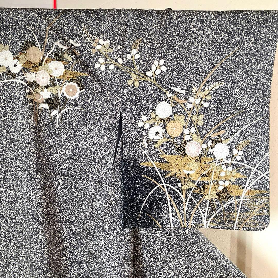 着物-袷着物2 秋草文様 黒地に金彩上品で華やかな装い【訪問着】【正絹】【美品】