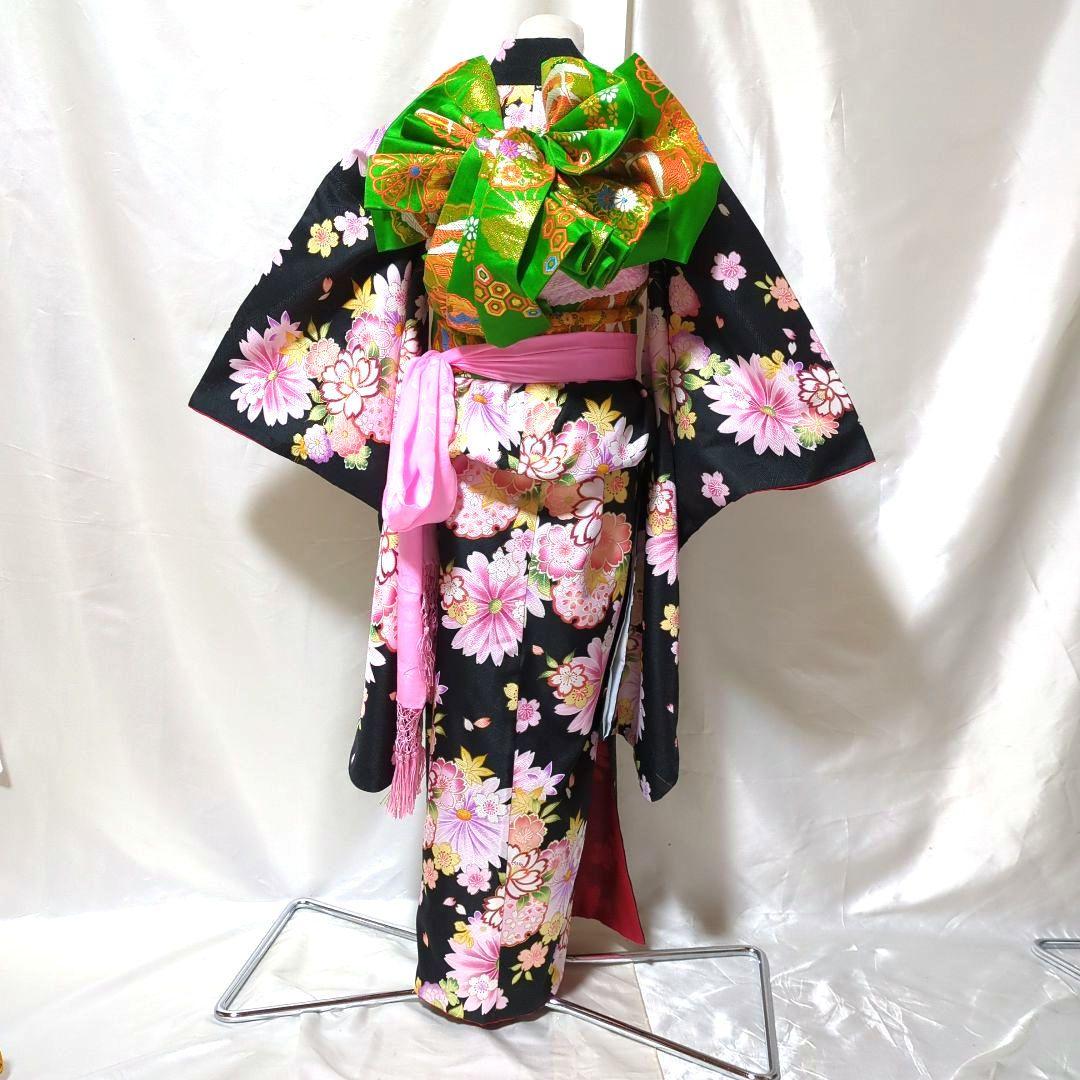 七五三　７歳 黒とピンクの花柄着物セット　簪セット付き