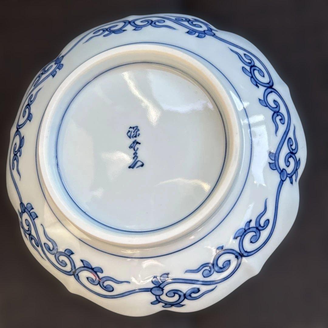 値下げしました　美品　源右衛門　直径17cm 花柄青装飾フラワー型皿5枚セット