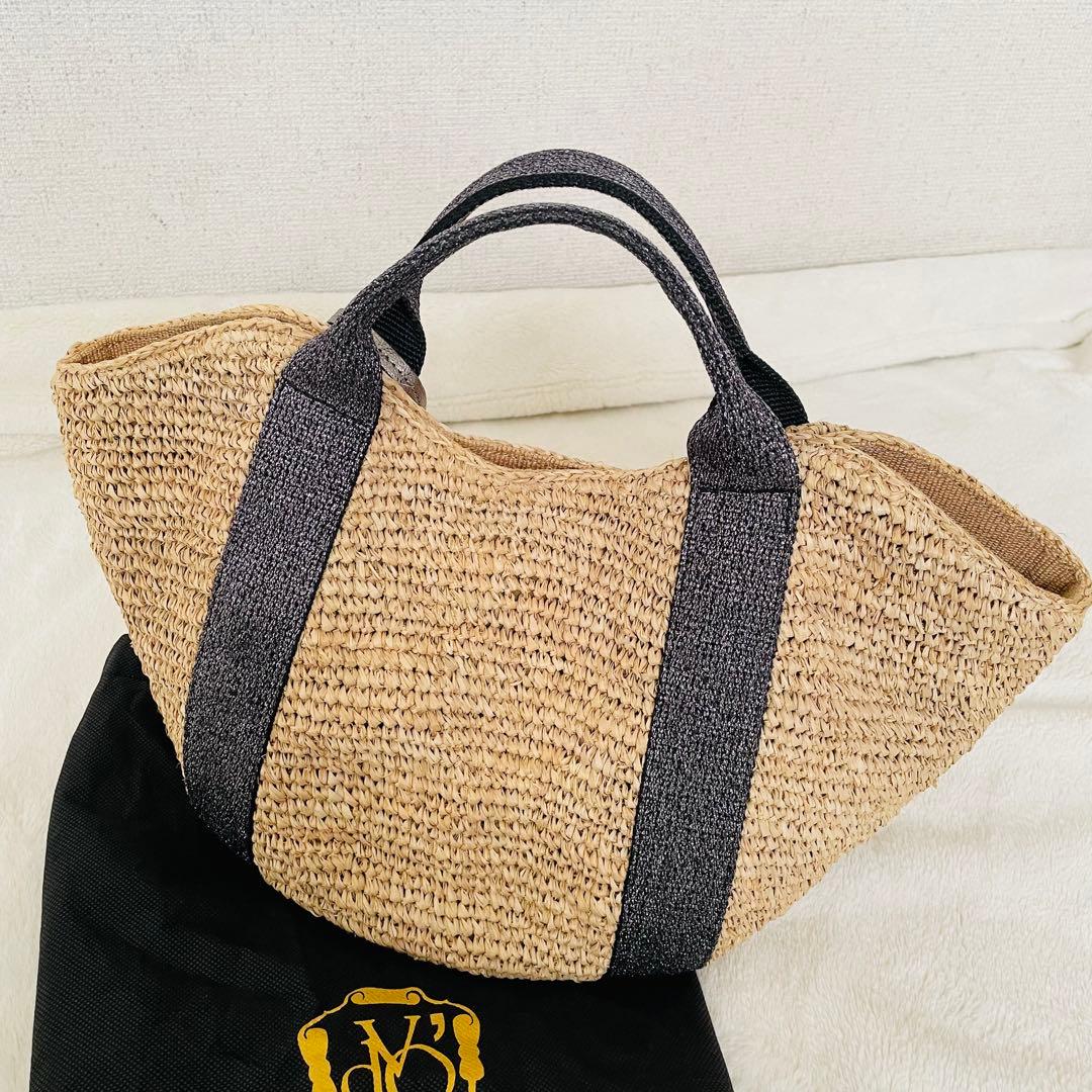 ヴィオラドーロ ラフィアかごバッグ　ラメ糸テープハンドル　牛革タッセル　保存袋