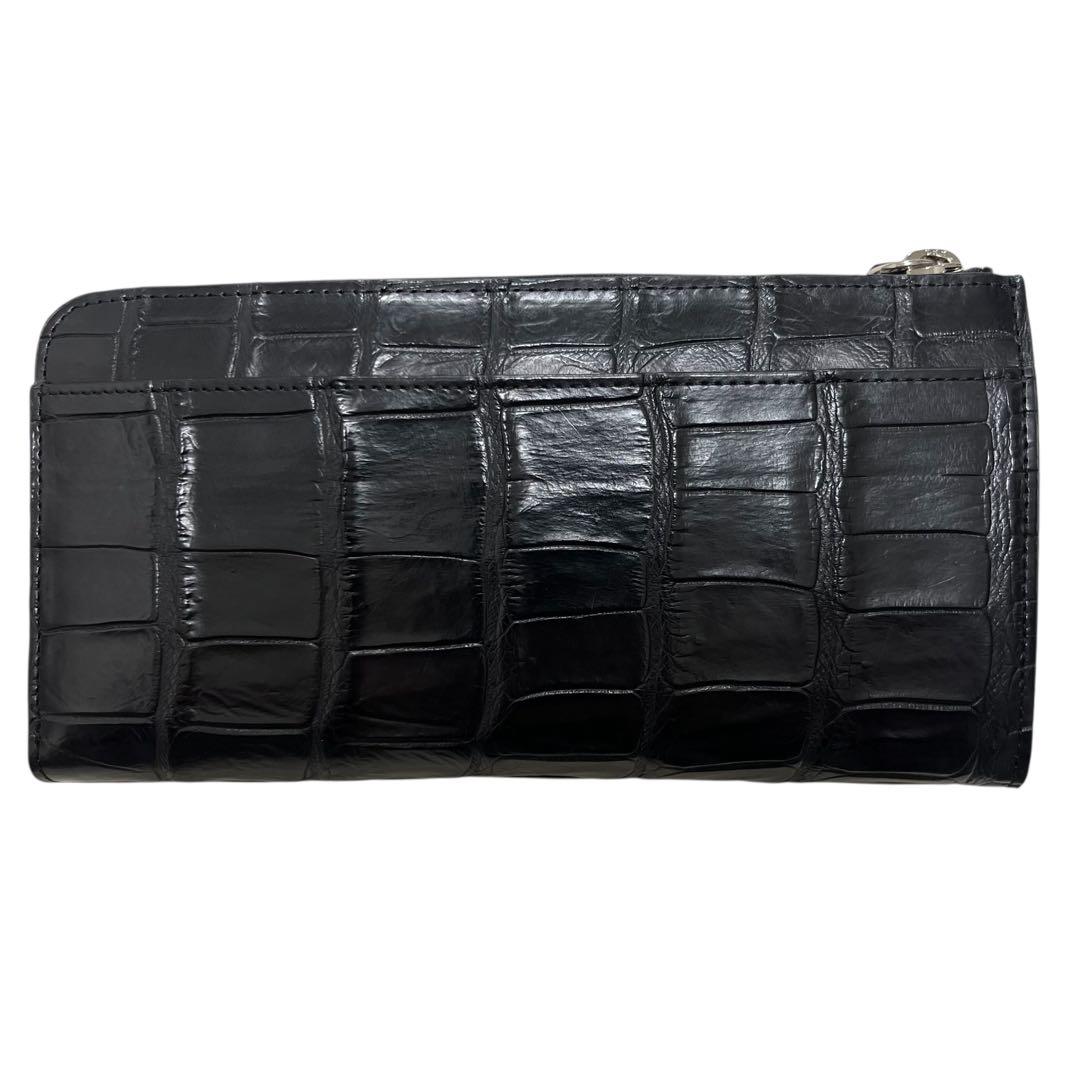 未使用品級 三宝 クロコダイル 長財布 ストーン付 ブラック L字ジップ 多収納