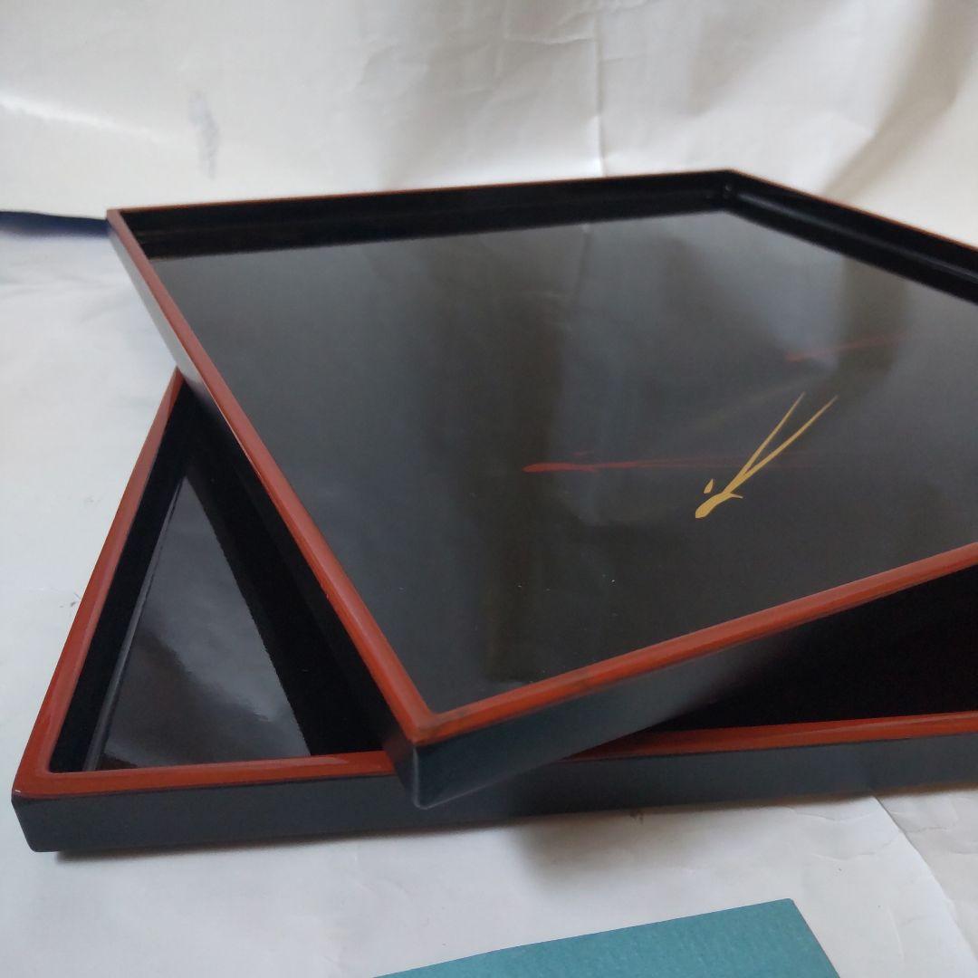 山中塗 漆器 小会席膳 懐石膳 折敷 おしき 黒に朱 松葉 2客組 新品 未使用