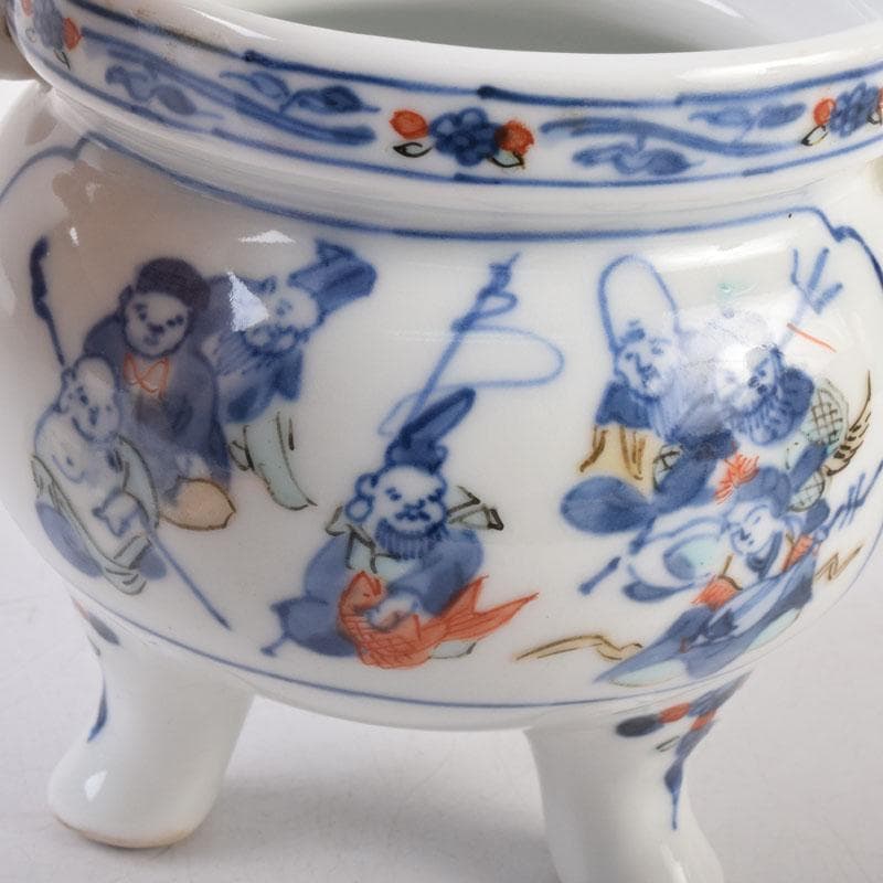 陶芸家　森野嘉光作　染錦　七福神図　双耳香炉　共箱　V　8506