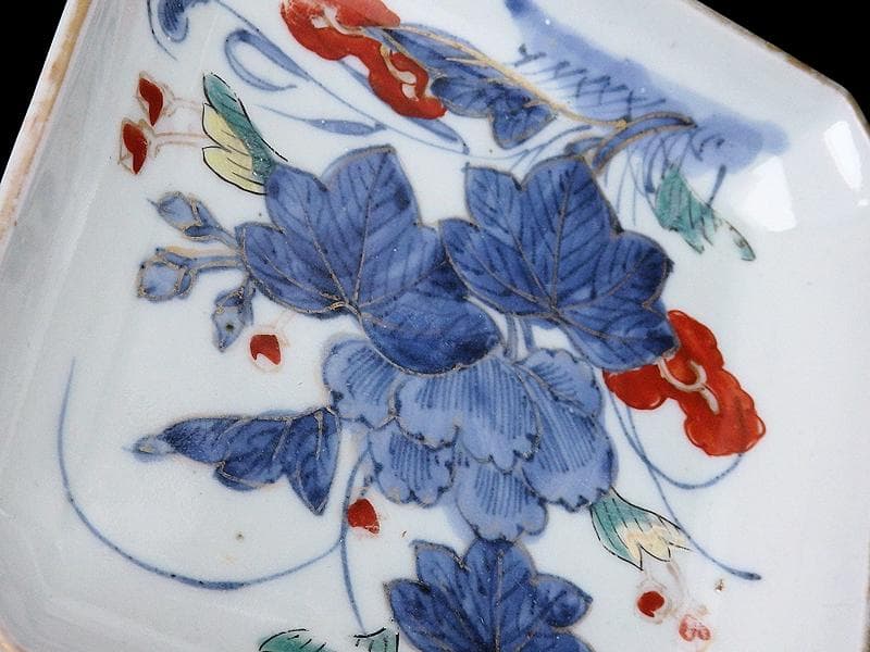 古伊万里　染錦　牡丹の図　角皿　５枚　131AS-CWz