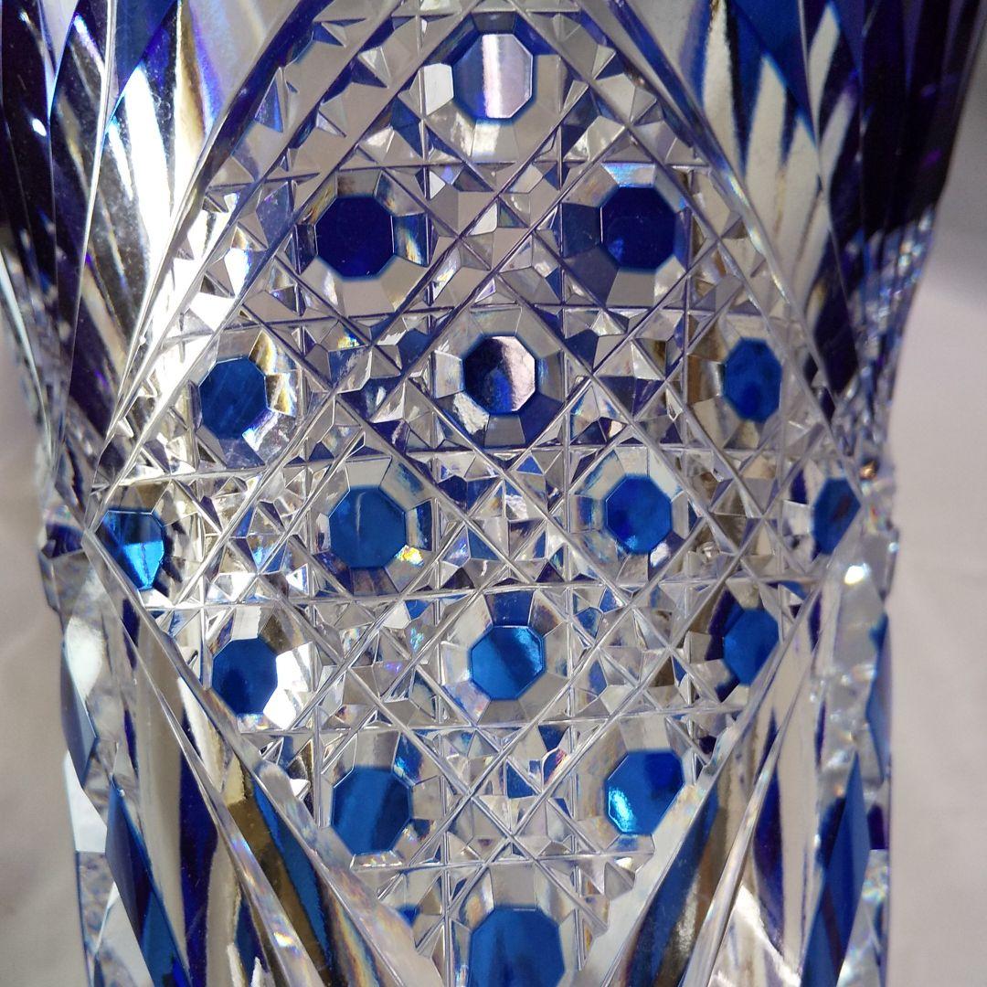 江戸切子 青被せフラワーベース 八角籠目紋