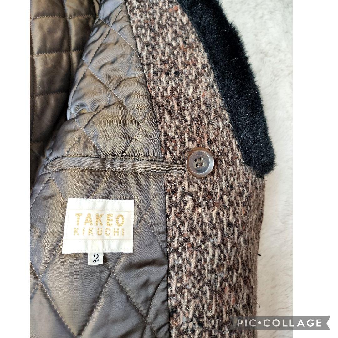 【美品】タケオキクチ 肉厚ツイード ギャングコート ダブル ファー 中綿 ベルト