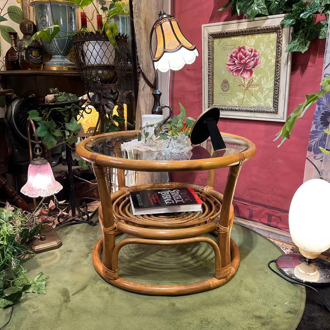 Sale ヴィンテージ ナチュラル　籐ラタンフレーム サイドテーブル 丸テーブル