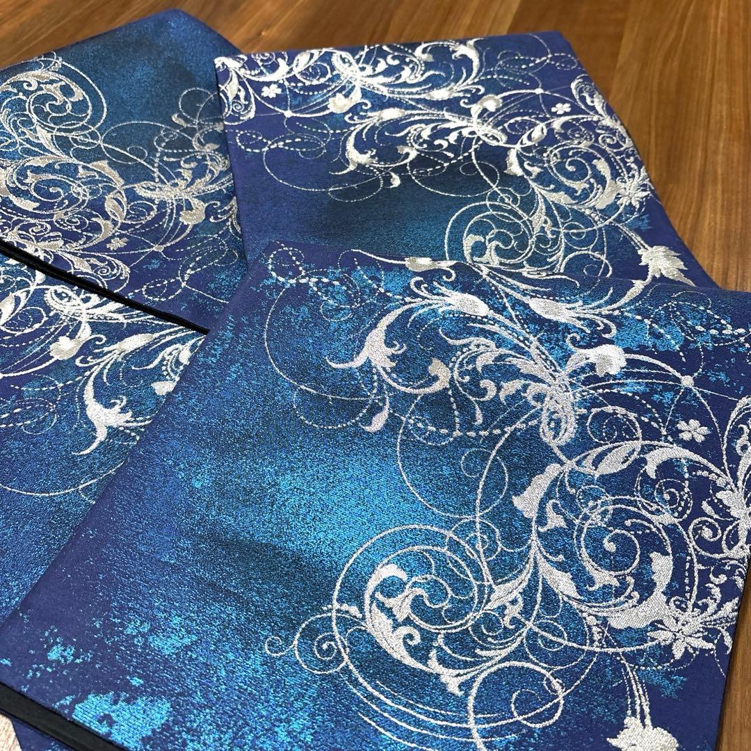 新品未使用 正絹 六通袋帯 西陣織【銀青 唐草】