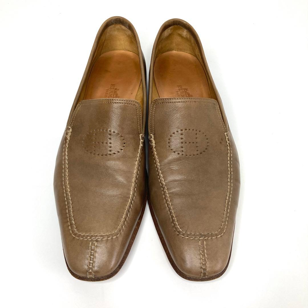 エルメス　パンチングHロゴ　ローファー　ビジネスシューズ　ブラウン　ベージュ　靴