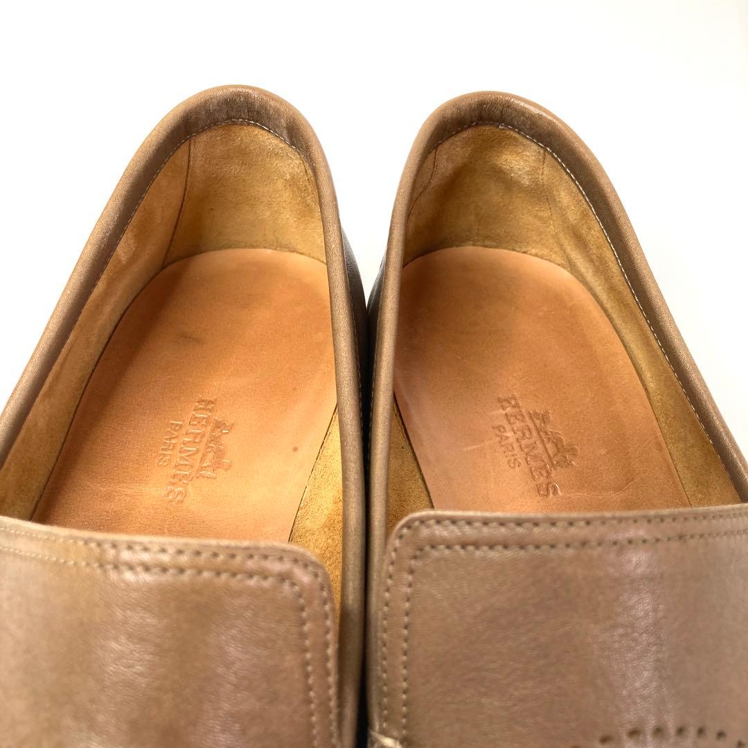 エルメス　パンチングHロゴ　ローファー　ビジネスシューズ　ブラウン　ベージュ　靴