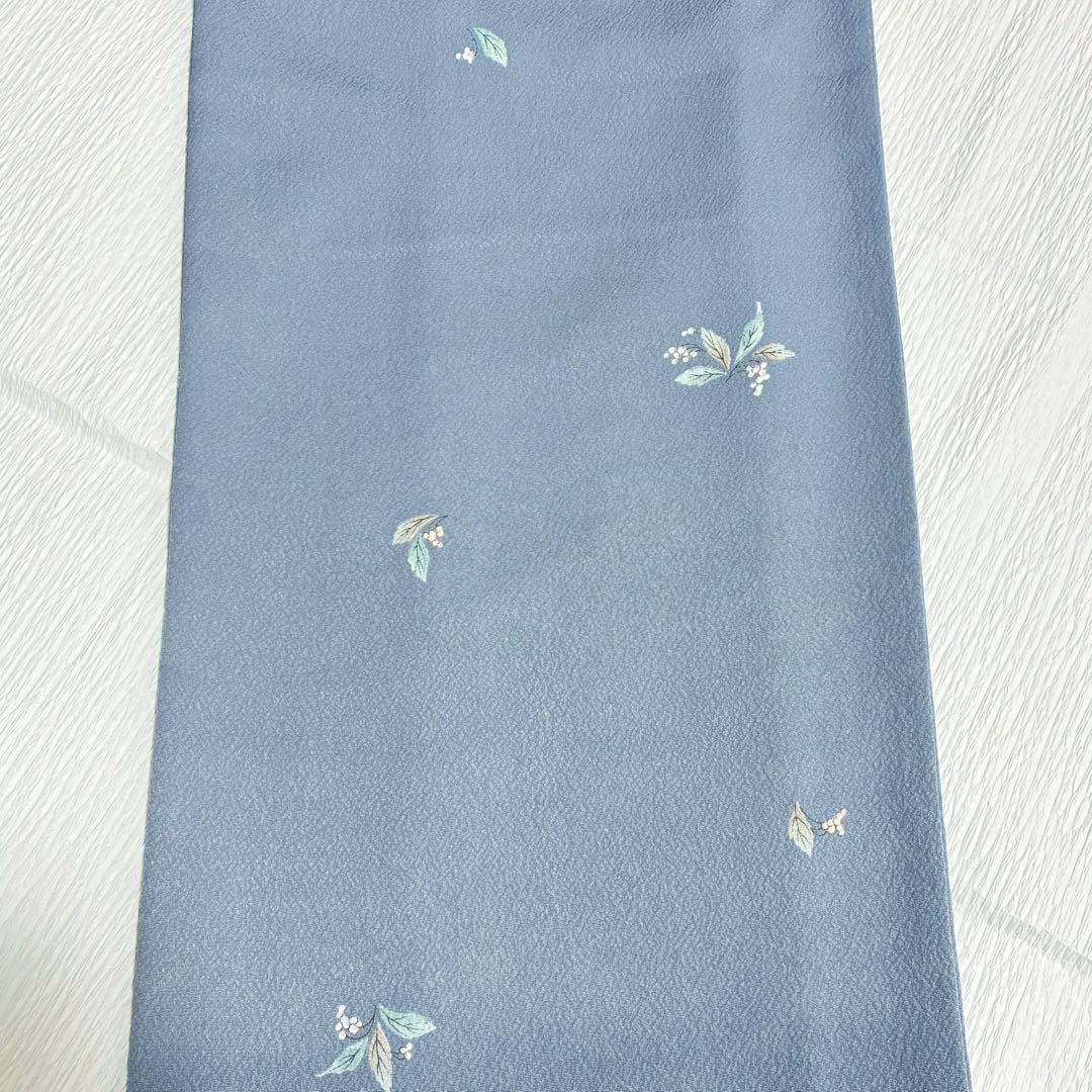 【良品✨】東レシルック　洗える着物　飛び柄小紋　浅葱鼠　葉と実　手縫い仕立てK5