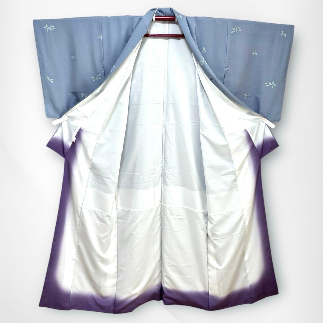 【良品✨】東レシルック　洗える着物　飛び柄小紋　浅葱鼠　葉と実　手縫い仕立てK5