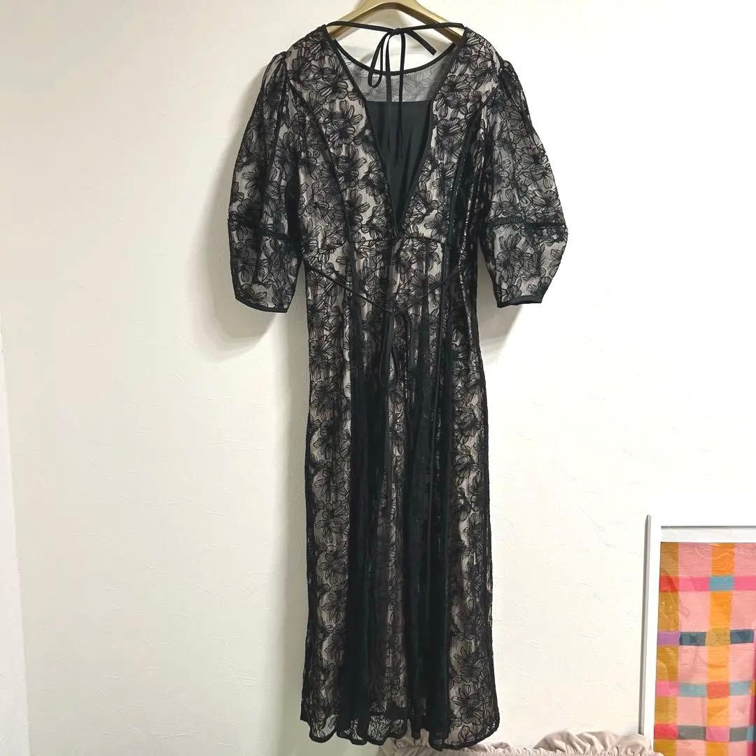 パフスリーブ総レースフレアロング結婚式ワンピース パーティードレスお呼ばれ二次会