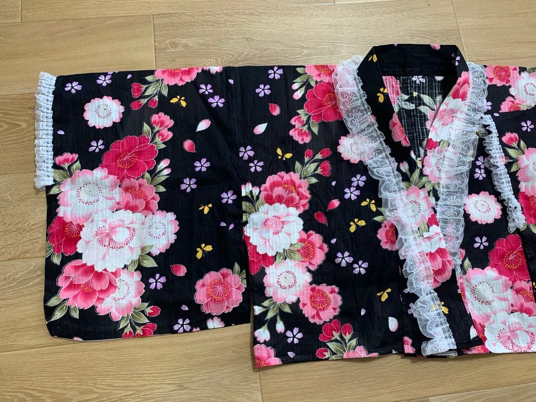 浴衣ドレス　黒ピンク　姫ギャル　地雷　量産　平成　花柄　レース　かわいい