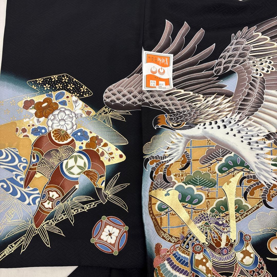 まいく　正絹産着祝着京友禅、豪華本金彩仕様、特選大鷹に大将兜龍祝い文