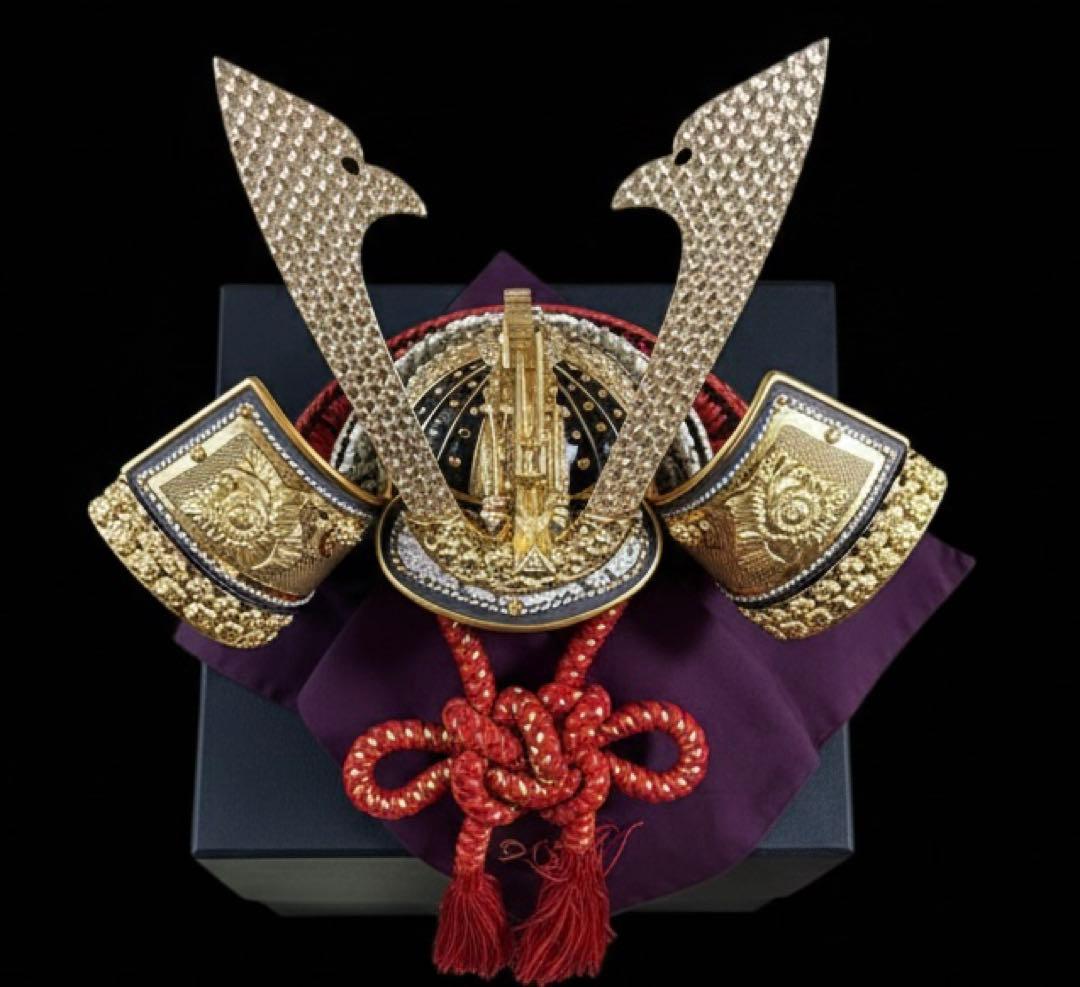 武蔵秀峰作 五月人形 兜 純金鍍金 鍬形 木札・鑑別書・箱付