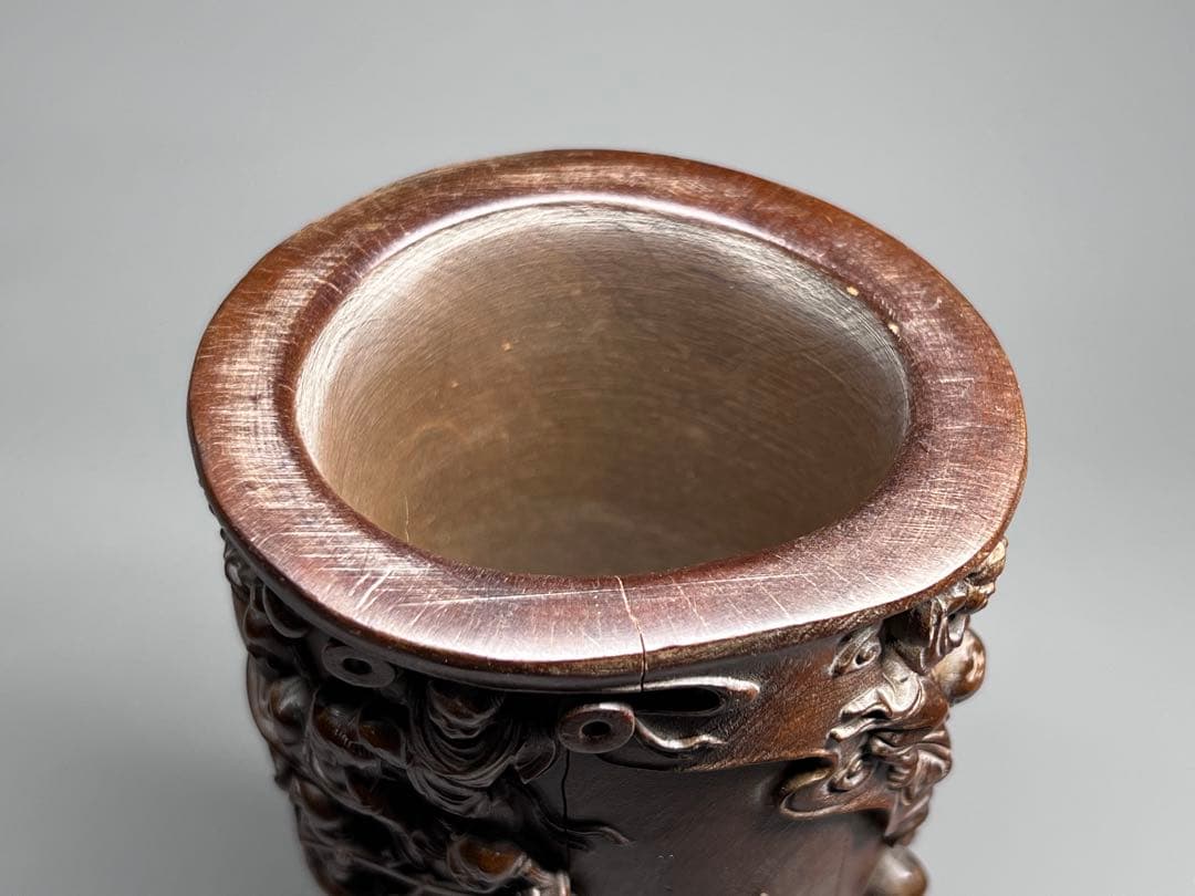 古美術　黄楊木　拓植　筆筒　筆立て　百子図　高浮彫　文房具　木製　置物　希少