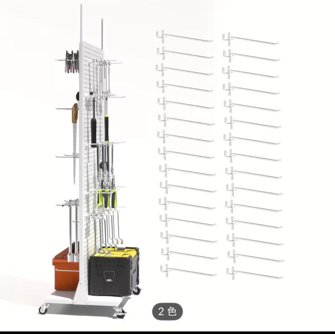 パンチングパネル両面ディスプレイラック、30個のフックとキャスター付き、ホワイト