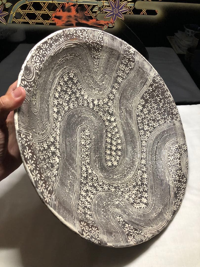 手造陶芸大盆。三島風陶芸。手造美術。茶道置物。美品。稀有。平成時代。舊家藏出。