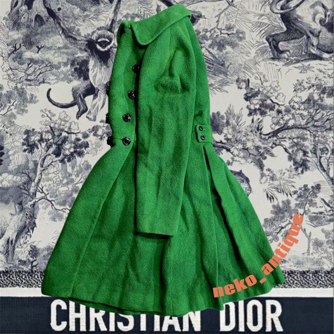 貴重希少クリスチャンディオールDior ウールツイード丸襟プリーツコートグリーン