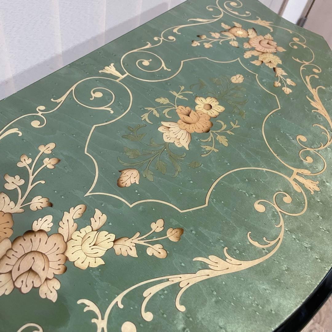 イタリア製　ビンテージ　コンソール　テーブル　象嵌　花柄　装飾　半月型　木製　緑