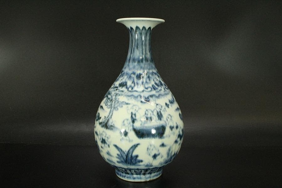 中国美術 青花 古染付 唐物 唐子紋 瓶 高22.5cm 永楽年製(LC516)