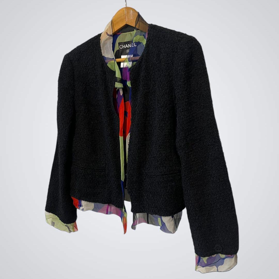 【美品】CHANEL ツイード ノーカラージャケット 42サイズ　マルチカラー