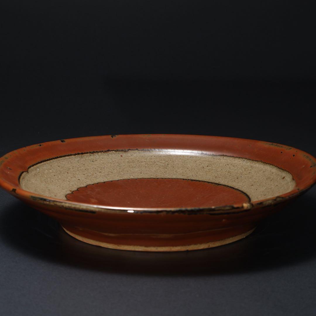 浜田庄司　柿釉縁丸皿直径∅27cm　人間国宝　民藝　R1489w2ラ