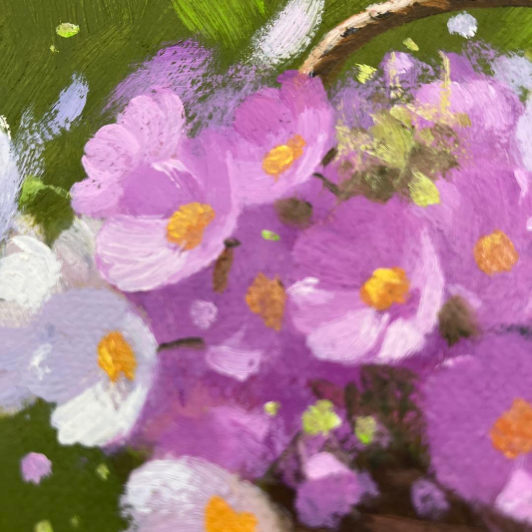 長岡卓　かごのコスモス　花のバスケット 絵画 フレーム付き