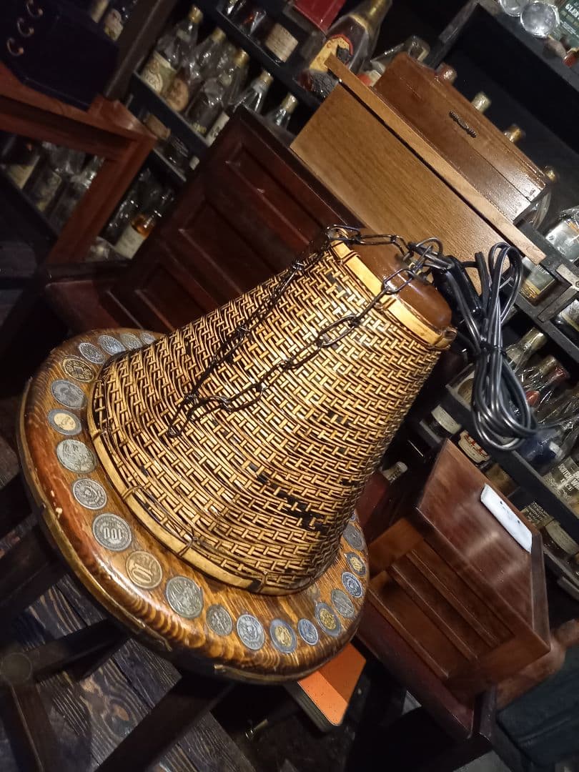 1970's　ヴィンテージ　吊り鐘　竹細工　ベル形　バンブー　ウッド　ランプ