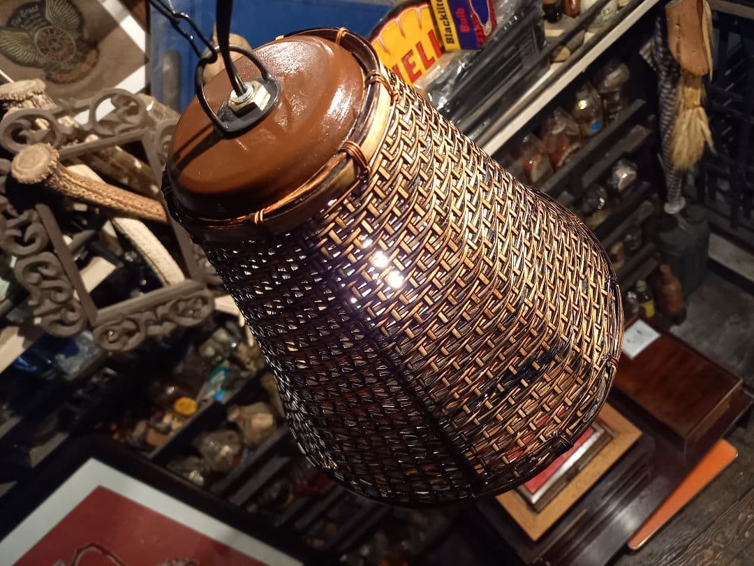 1970's　ヴィンテージ　吊り鐘　竹細工　ベル形　バンブー　ウッド　ランプ