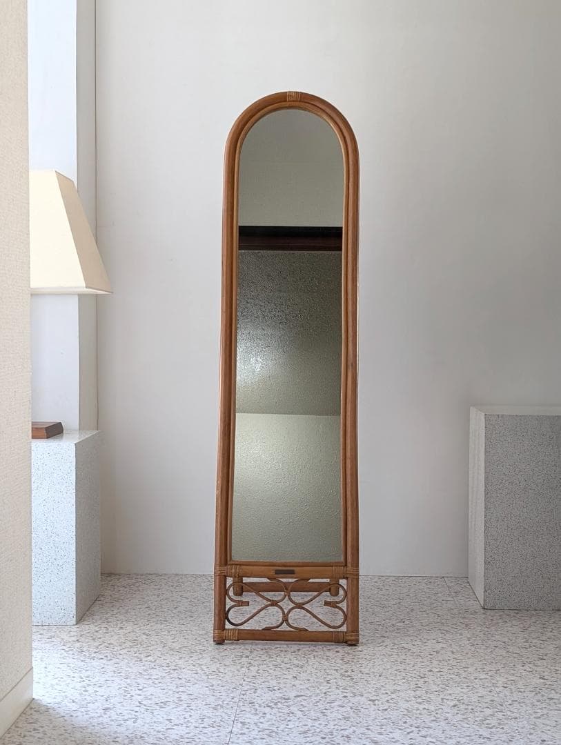 ラタン スタンドミラー 80s ビンテージ 壁掛け 2way 籐の姿見 レトロ