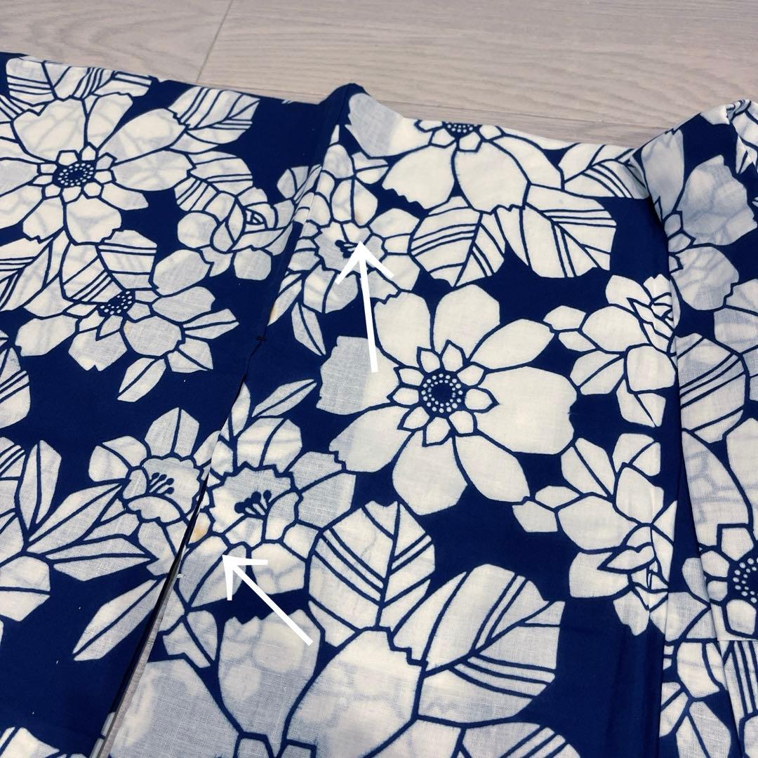 浴衣 紺色 注染 椿　菊　レトロ　アンティーク