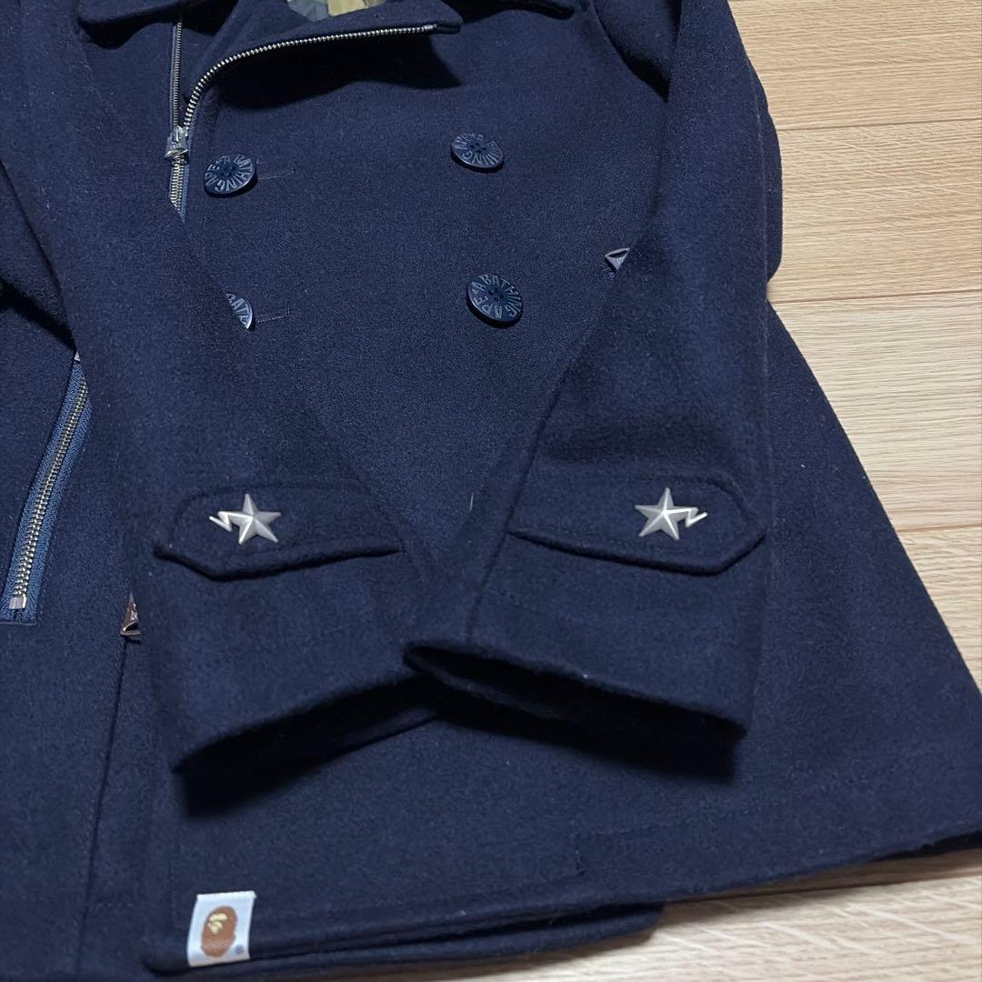 アベイシングエイプ　ピーコート　裏地カモ総柄　エイプスター　ロゴボタン　ネイビー